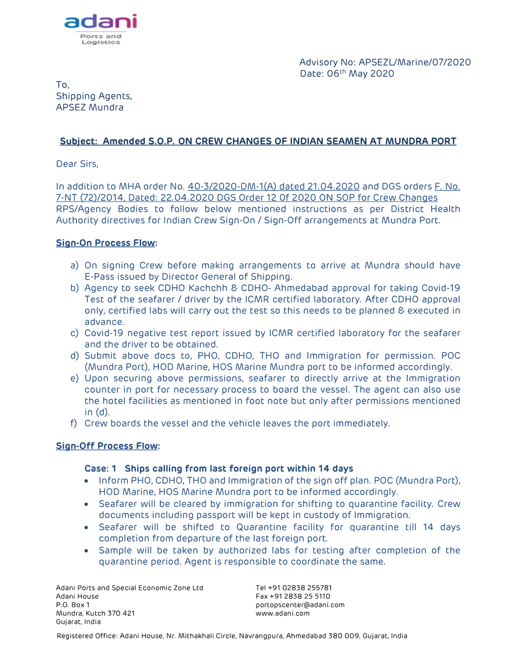 Trade Advisory 07 SOP for Crew Changes at Mundra Port Dated 06Th
