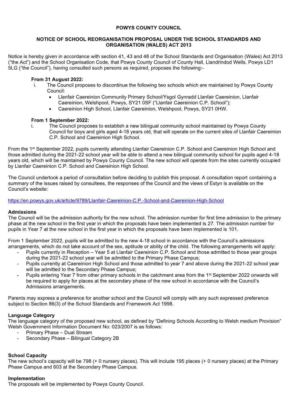 Powys County Council Notice of School Reorganisation