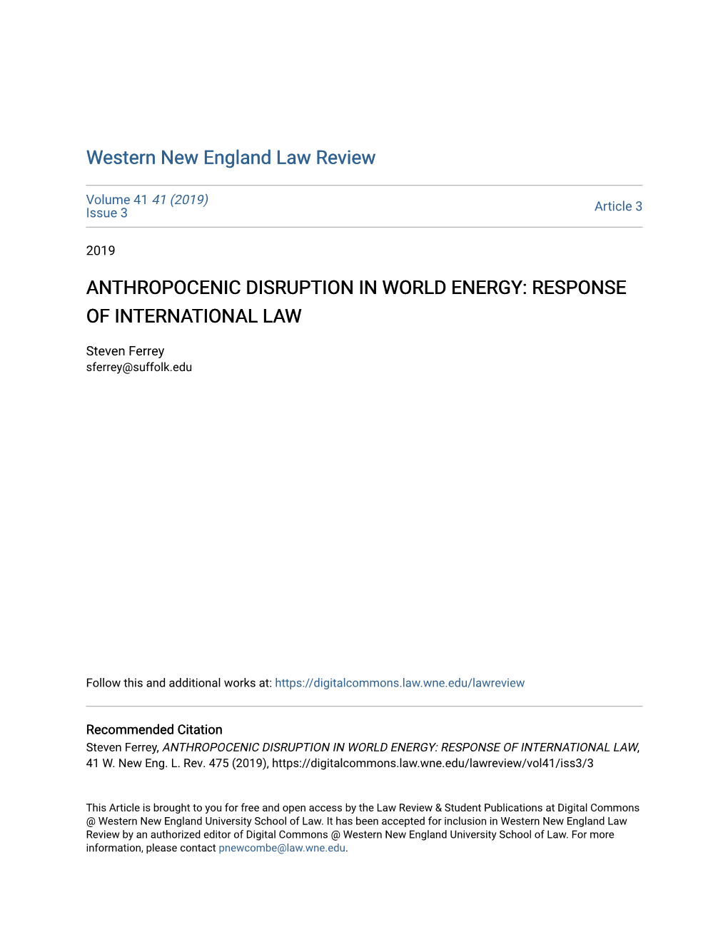 Anthropocenic Disruption in World Energy: Response of International Law