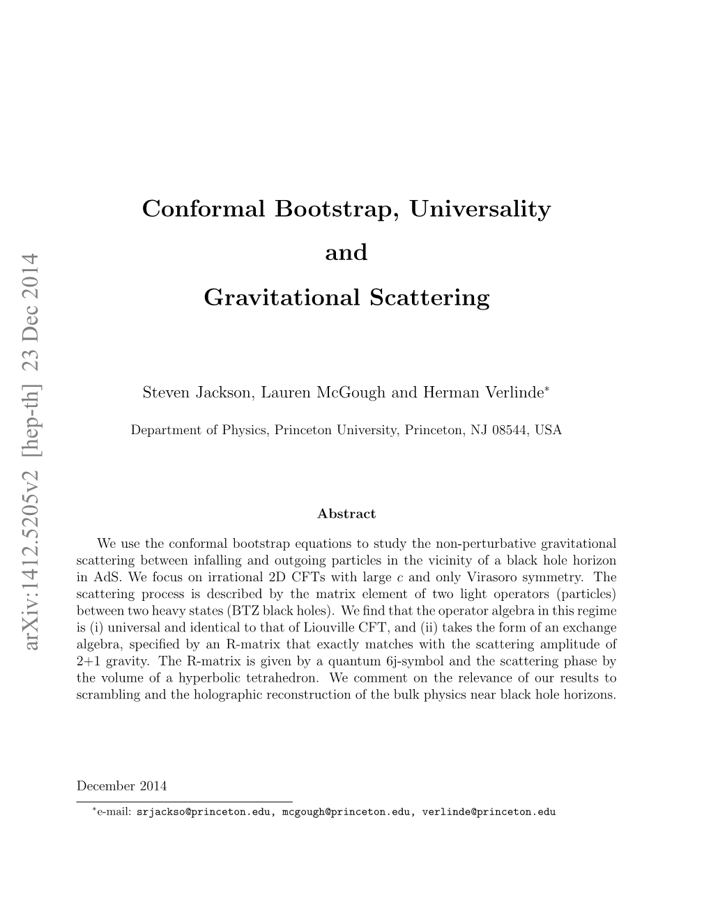 Conformal Bootstrap, Universality and Gravitational Scattering