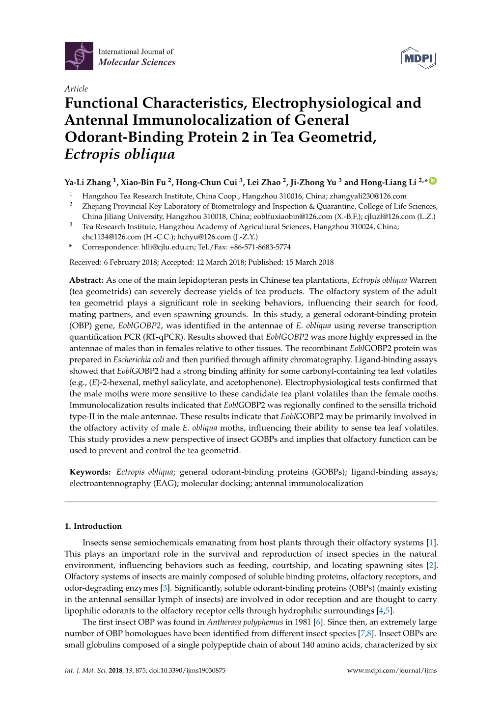 Functional Characteristics, Electrophysiological and Antennal Immunolocalization of General Odorant-Binding Protein 2 in Tea Geometrid, Ectropis Obliqua