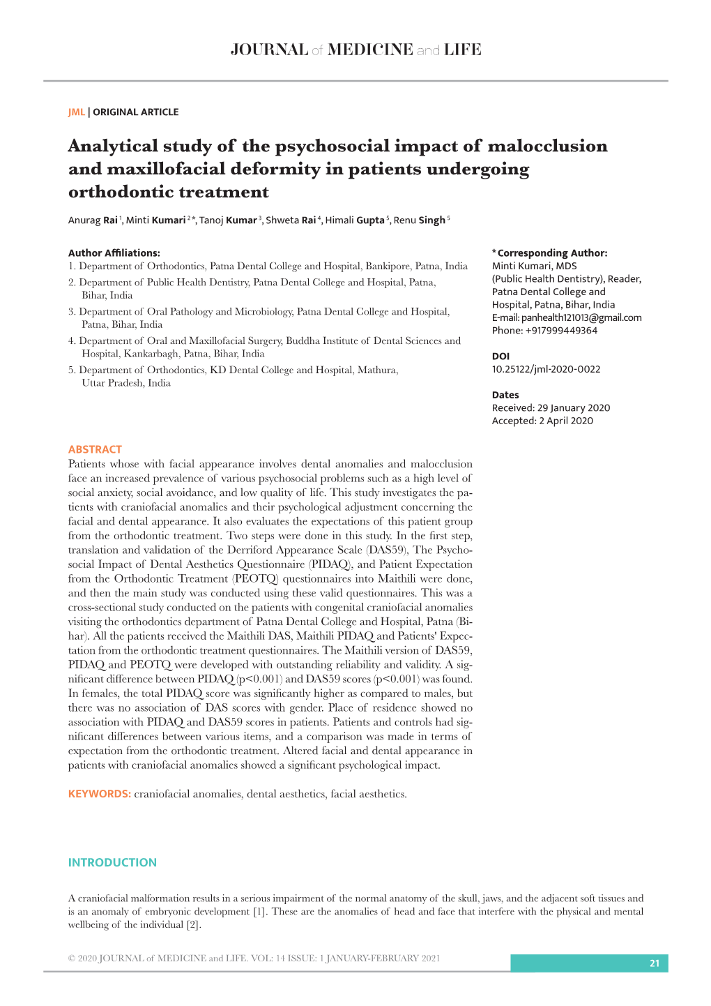 Analytical Study of the Psychosocial Impact of Malocclusion and Maxillofacial Deformity in Patients Undergoing Orthodontic Treatment