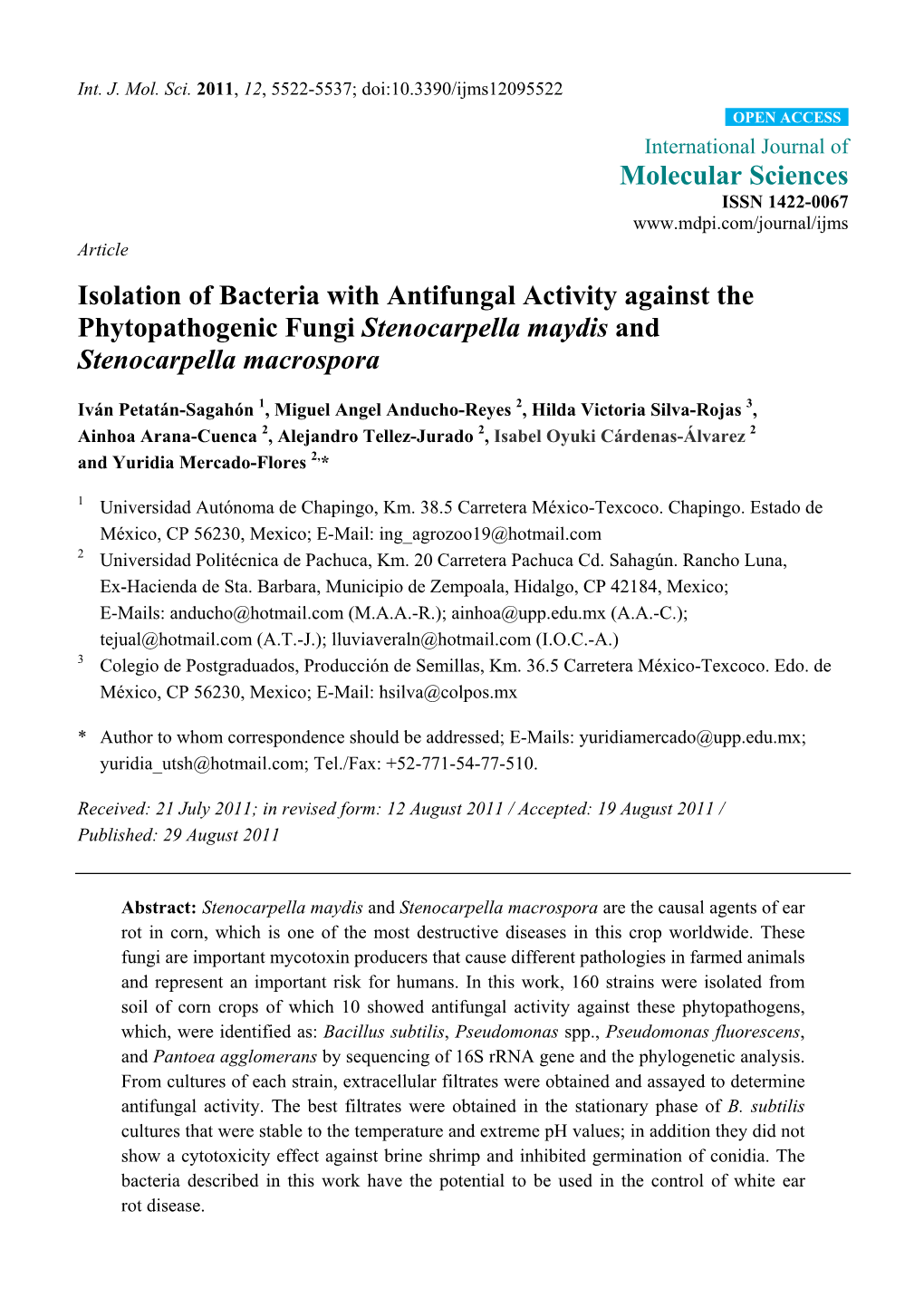 Isolation of Bacteria with Antifungal Activity Against the Phytopathogenic Fungi Stenocarpella Maydis and Stenocarpella Macrospora