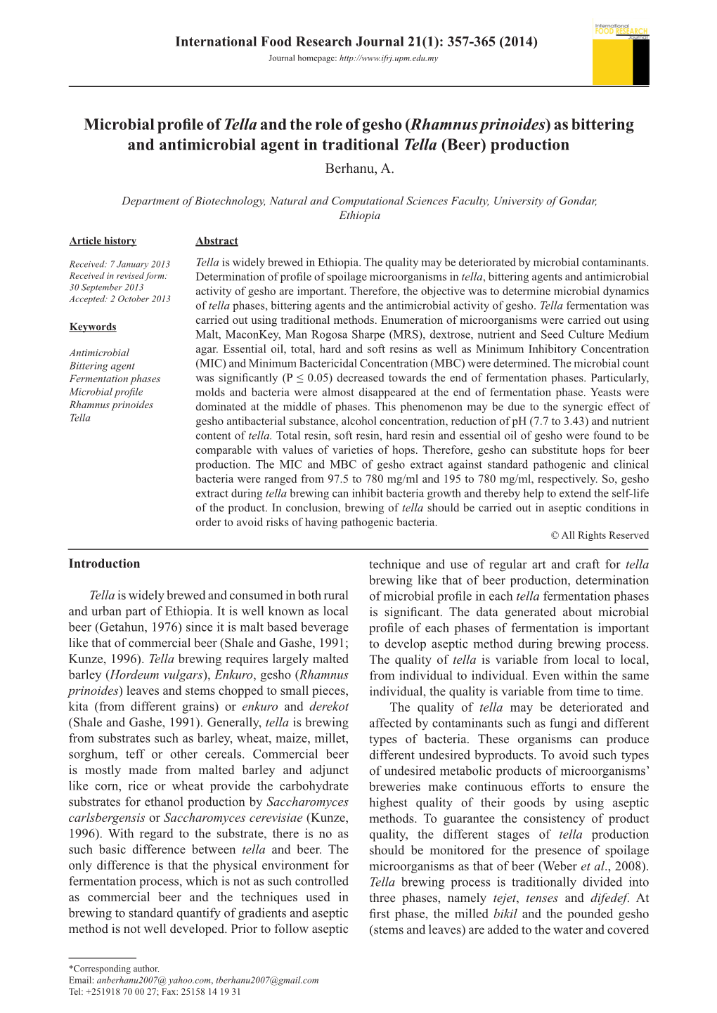 Microbial Profile of Tella and the Role of Gesho (Rhamnus Prinoides)