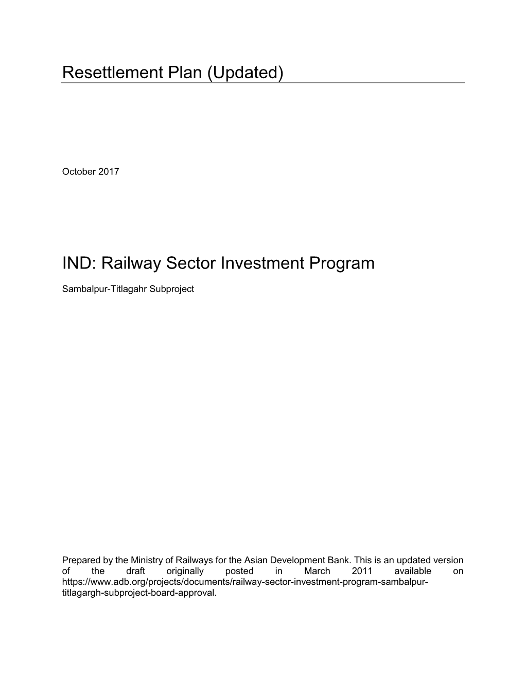 Sambalpur-Titlagargh Subproject, Railway Sector Investment Program