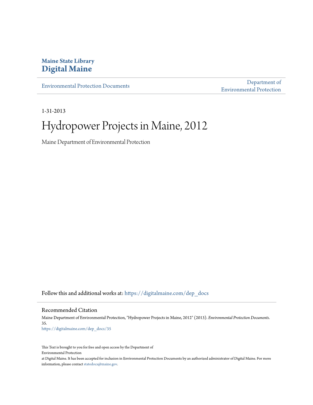 Hydropower Projects in Maine, 2012 Maine Department of Environmental Protection