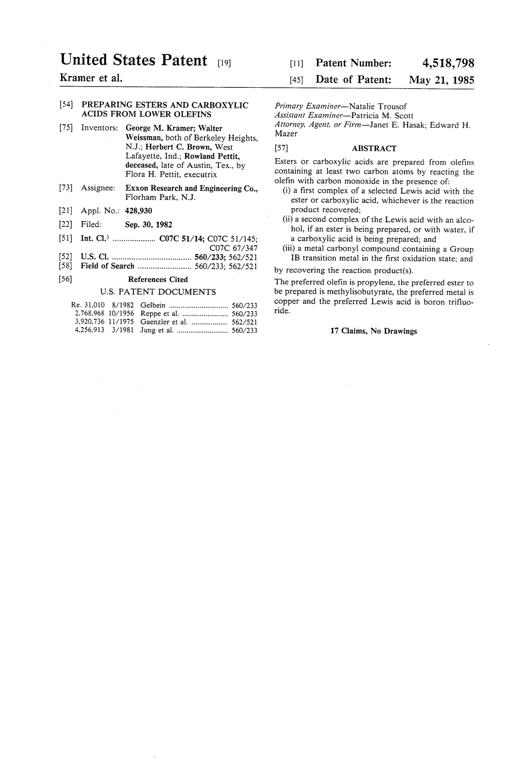 United States Patent (19) 11) Patent Number: 4,518,798 Kramer Et Al