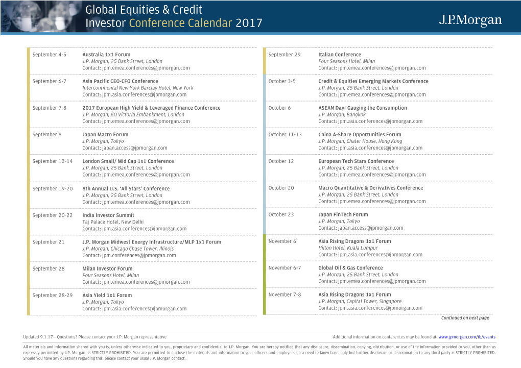 Global Equities & Credit Investor Conference Calendar 2017