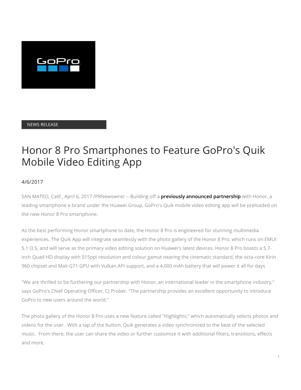 Honor 8 Pro Smartphones to Feature Gopro's Quik Mobile Video Editing App