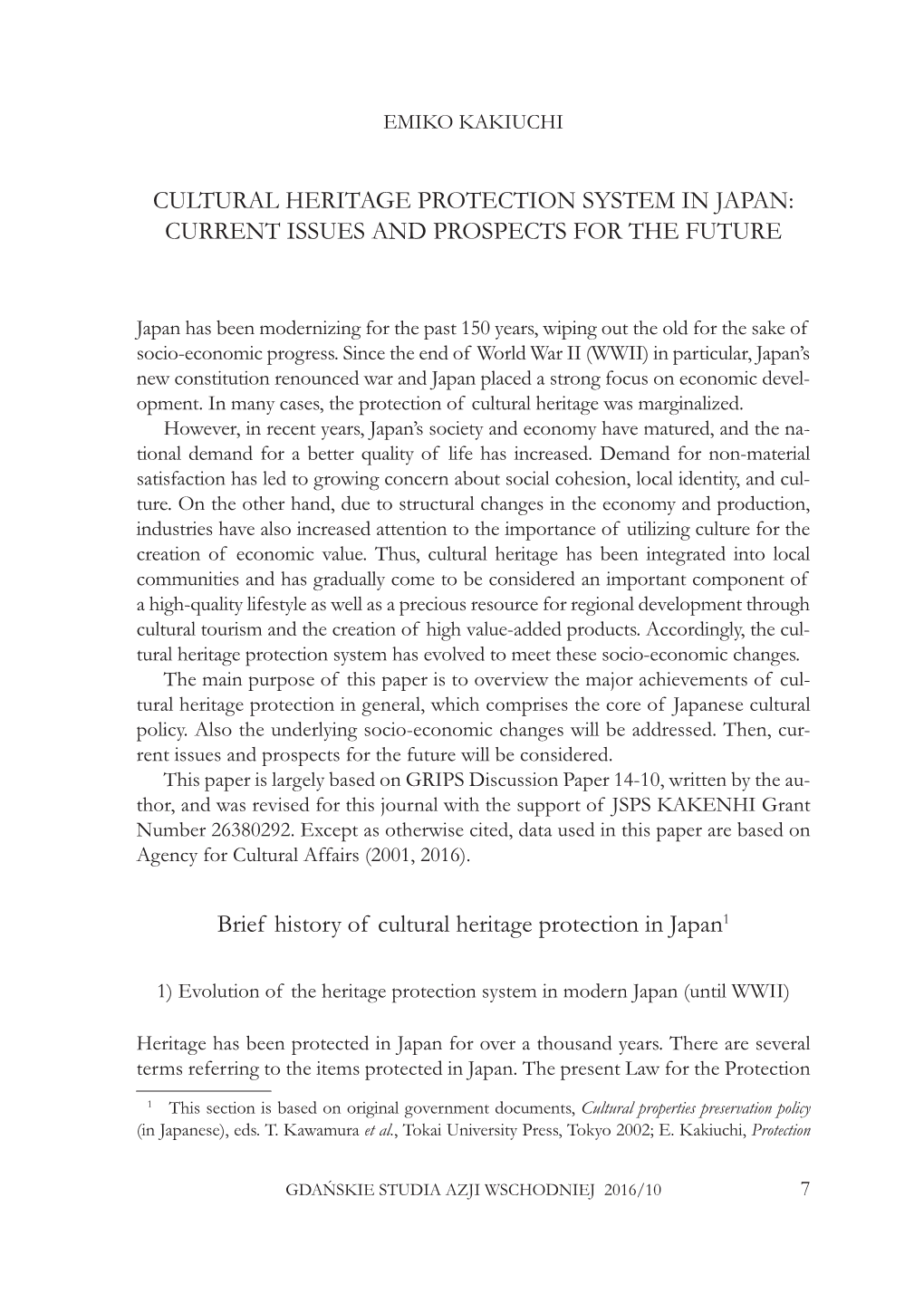 Cultural Heritage Protection System in Japan: Current Issues and Prospects for the Future