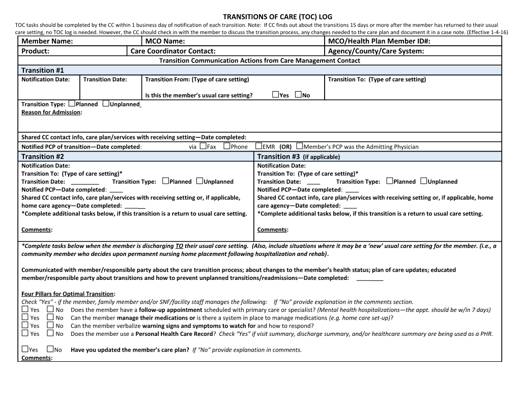 Transitions of Care (Toc) Log