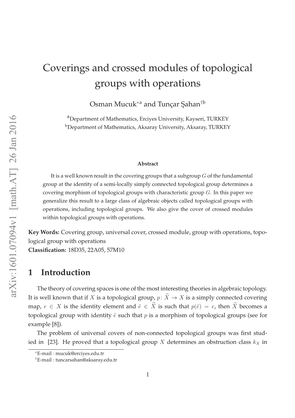 Coverings and Crossed Modules of Topological Groups with Operations