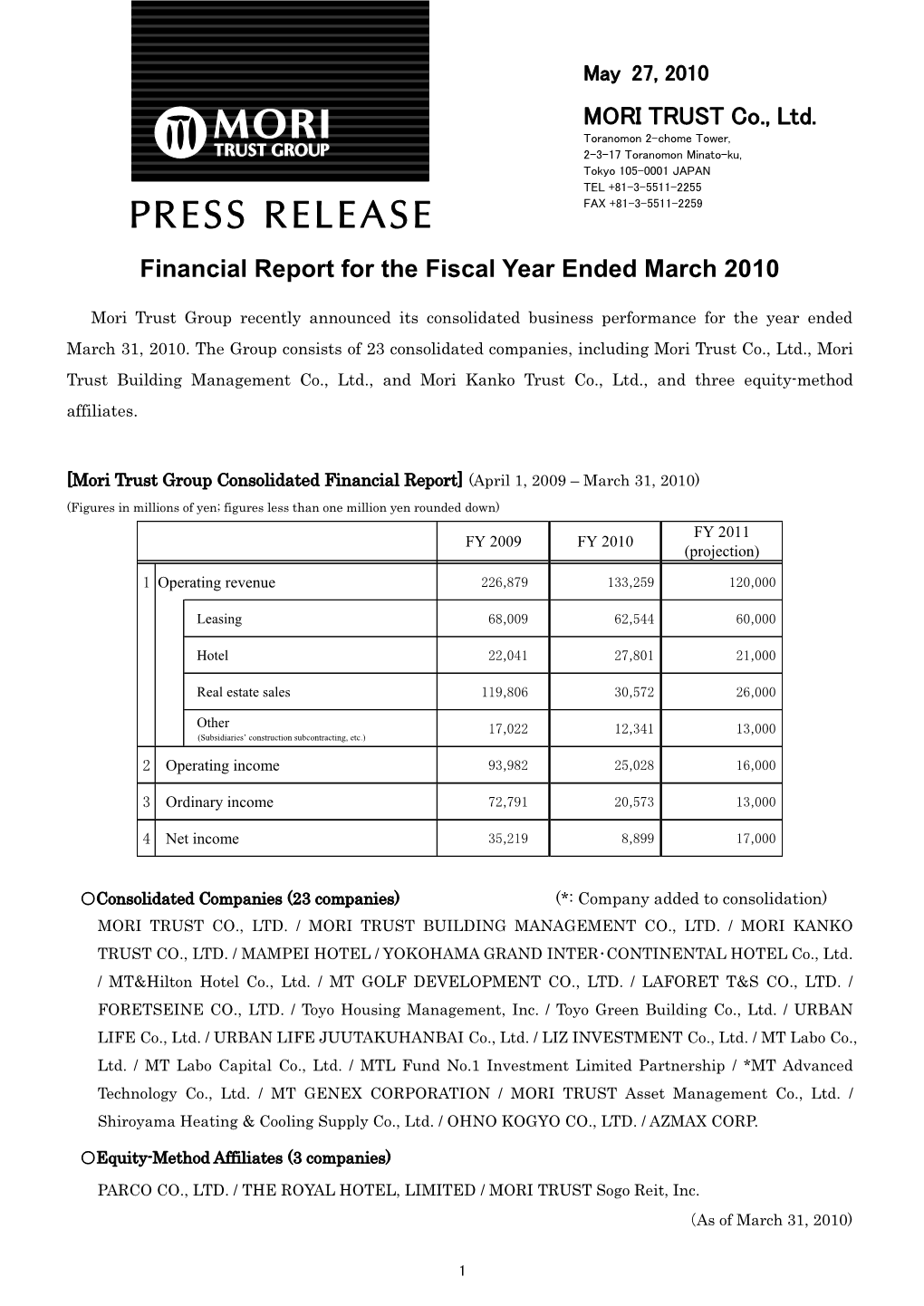 Mori Trust Group Financial Report for the Fiscal Year Ended March 2010