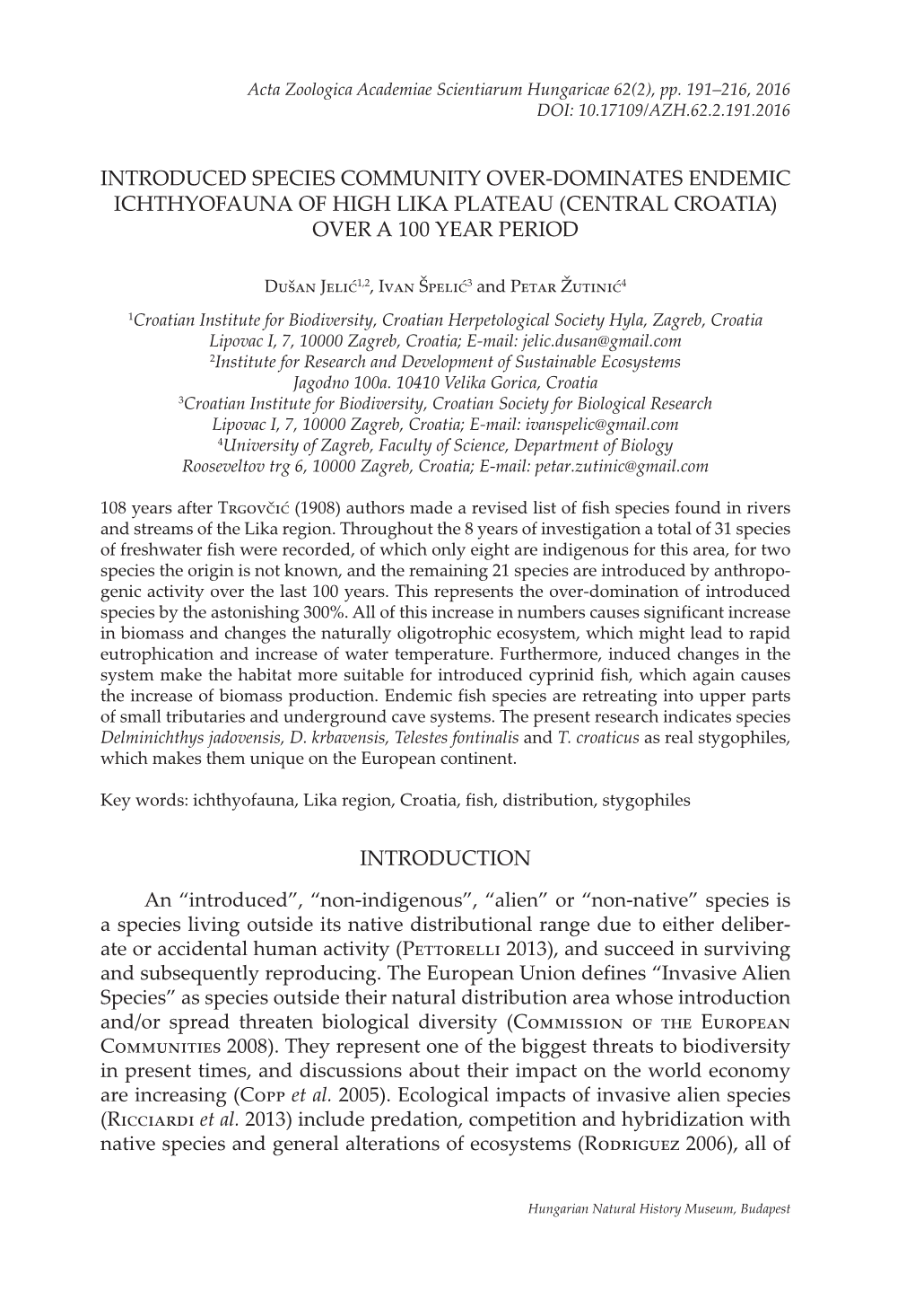 Introduced Species Community Over-Dominates Endemic Ichthyofauna of High Lika Plateau (Central Croatia) Over a 100 Year Period