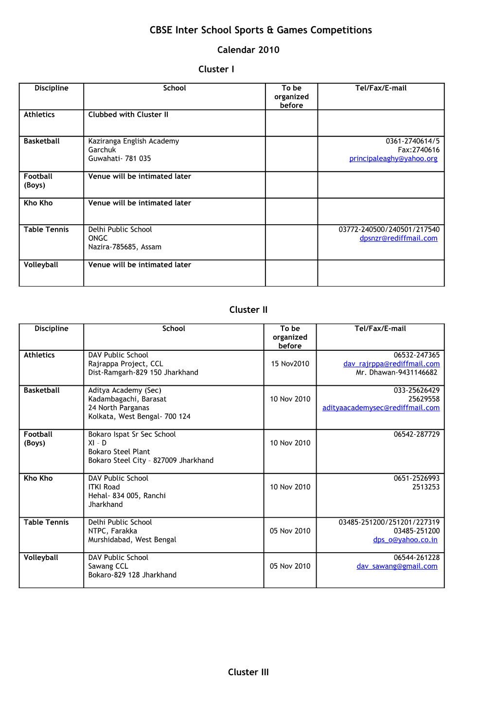 CBSE Inter School Sports & Games Competitions