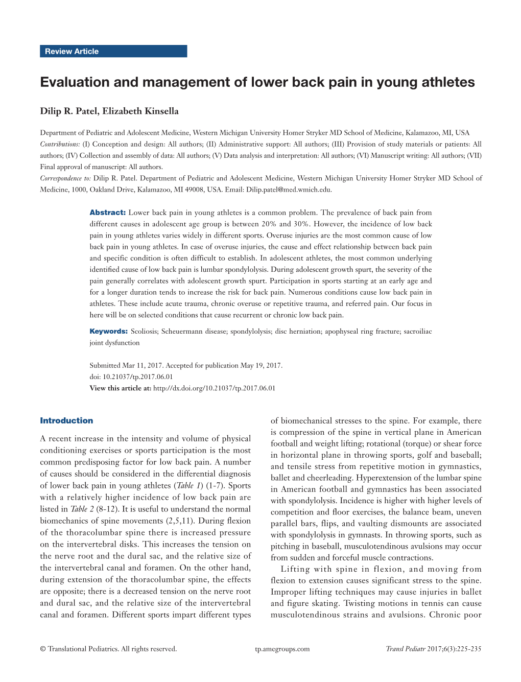 Evaluation and Management of Lower Back Pain in Young Athletes