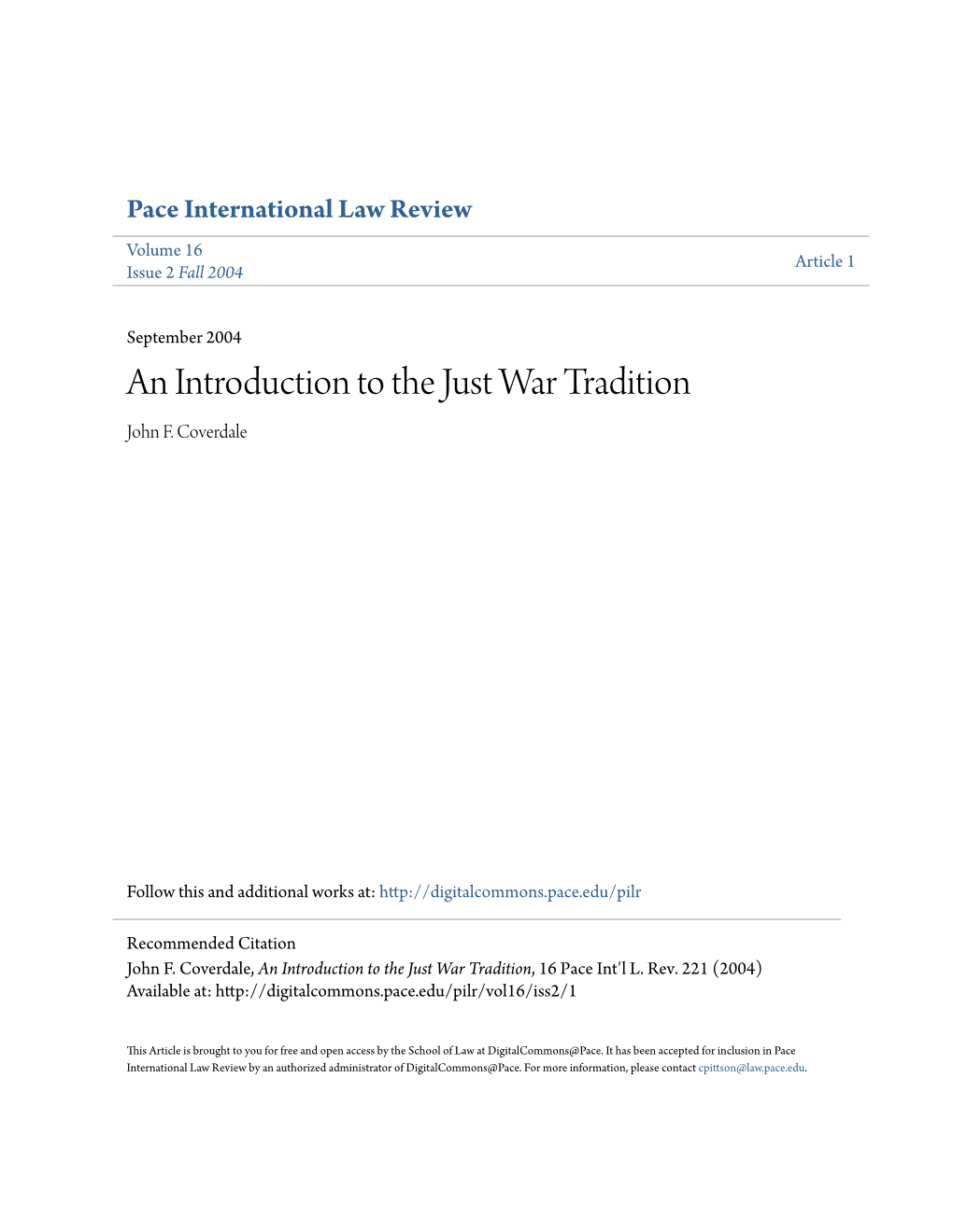 An Introduction to the Just War Tradition John F