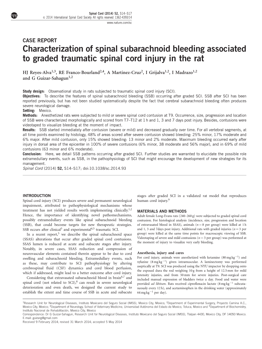 Characterization of Spinal Subarachnoid Bleeding Associated to Graded Traumatic Spinal Cord Injury in the Rat