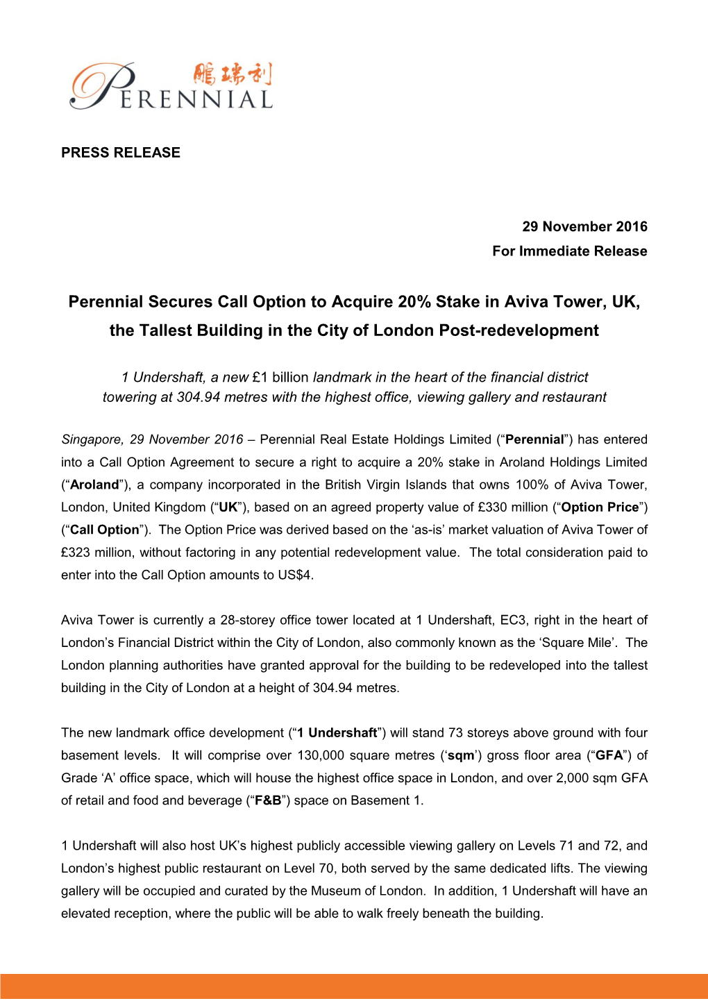 Perennial Secures Call Option to Acquire 20% Stake in Aviva Tower, UK, the Tallest Building in the City of London Post-Redevelopment