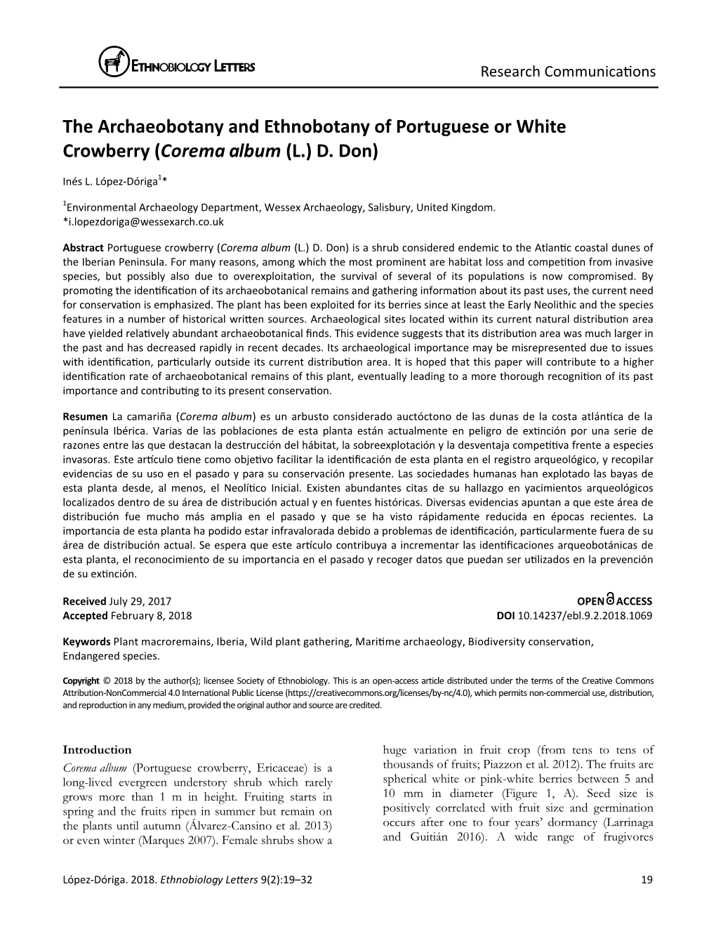 The Archaeobotany and Ethnobotany of Portuguese Or White Crowberry (Corema Album (L.) D