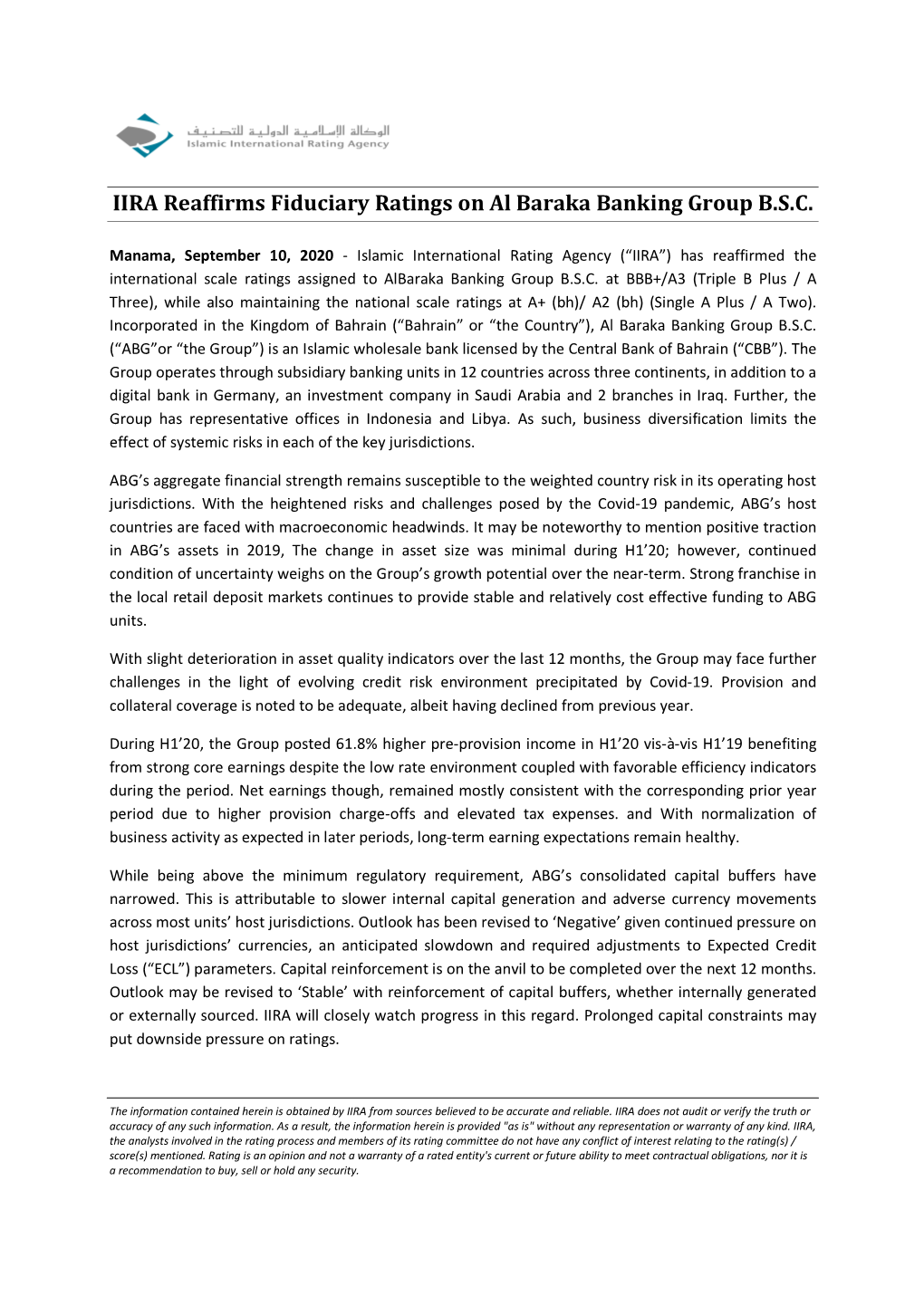 IIRA Reaffirms Fiduciary Ratings on Al Baraka Banking Group B.S.C