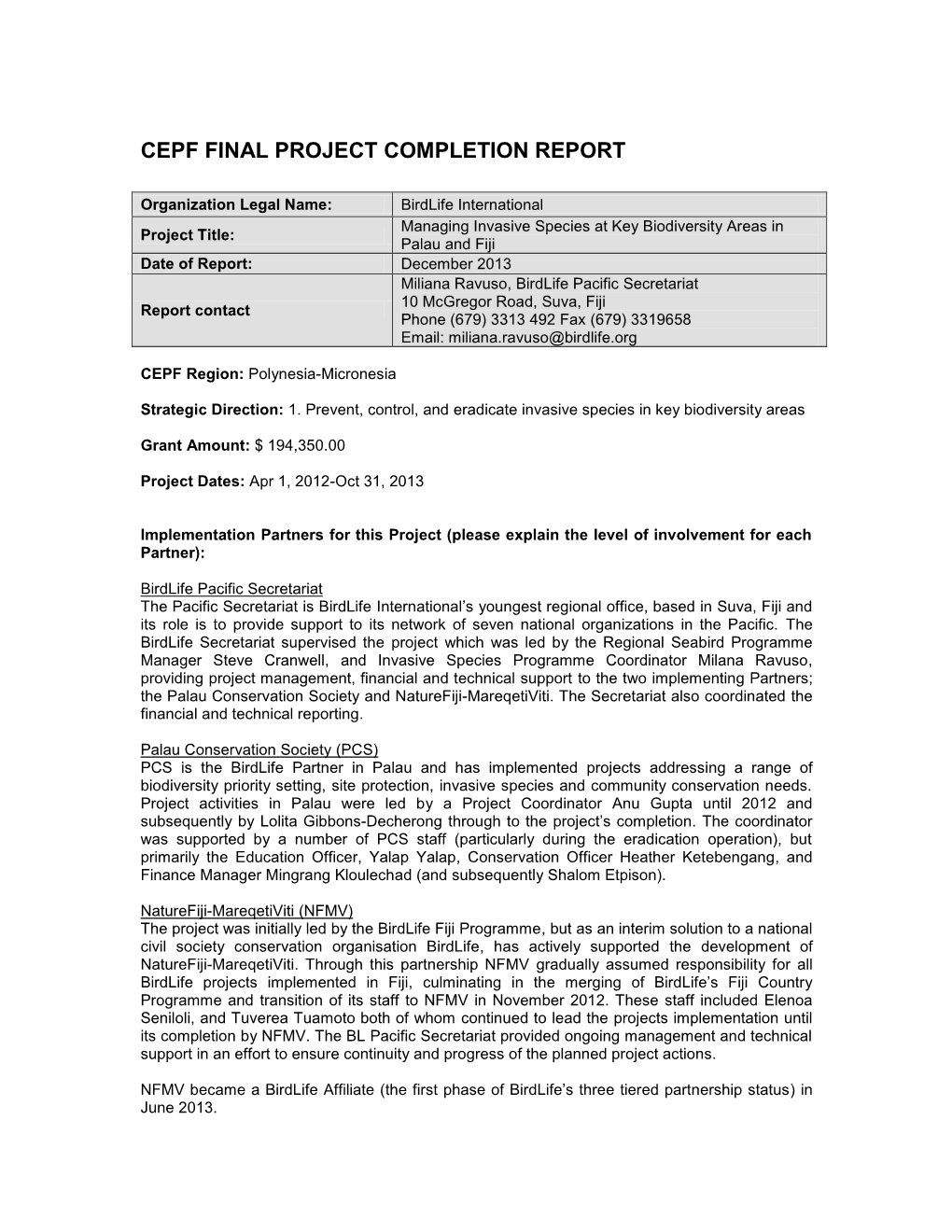 Cepf Final Project Completion Report