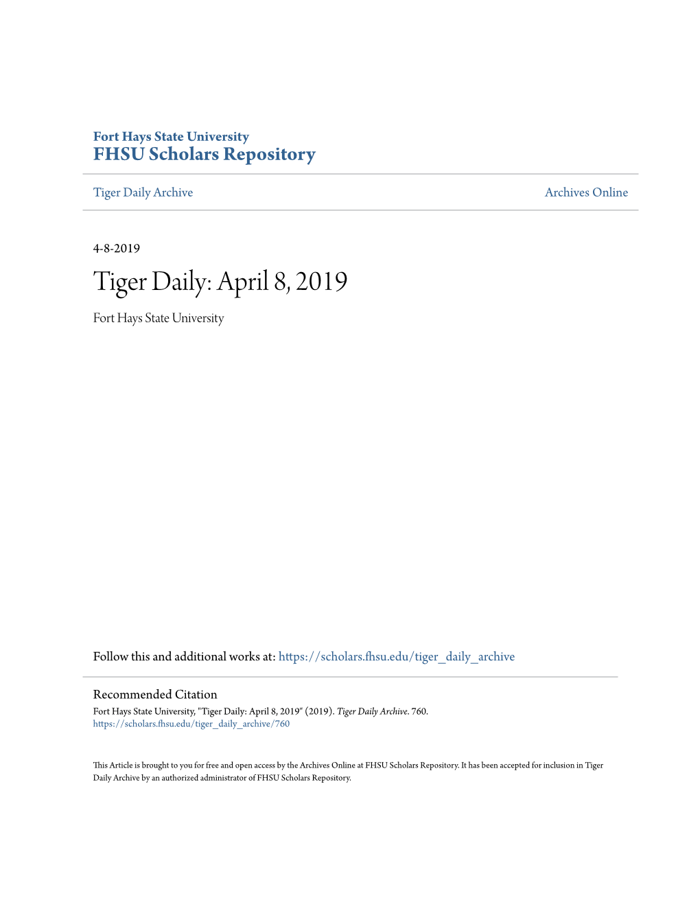 Tiger Daily: April 8, 2019 Fort Hays State University