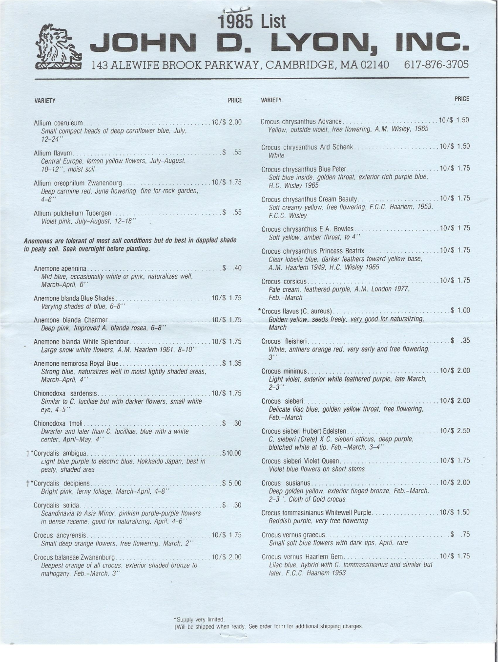 John D. Lyon, Inc. 1985 Species Bulb List