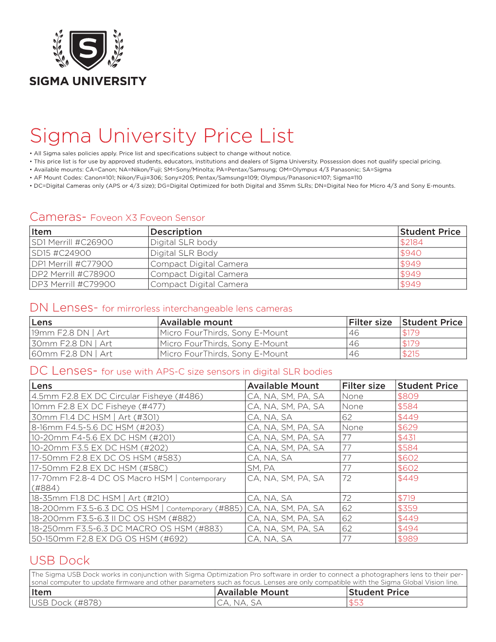 Sigma University Price List • All Sigma Sales Policies Apply