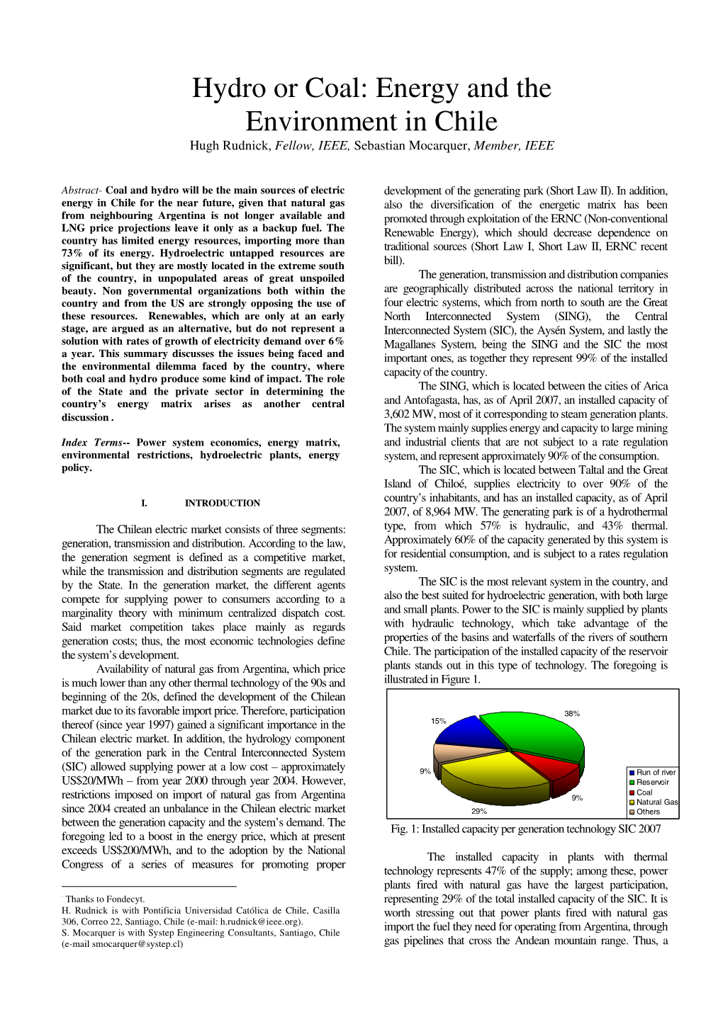 Hydro Or Coal: Energy and the Environment in Chile Hugh Rudnick, Fellow, IEEE, Sebastian Mocarquer, Member, IEEE