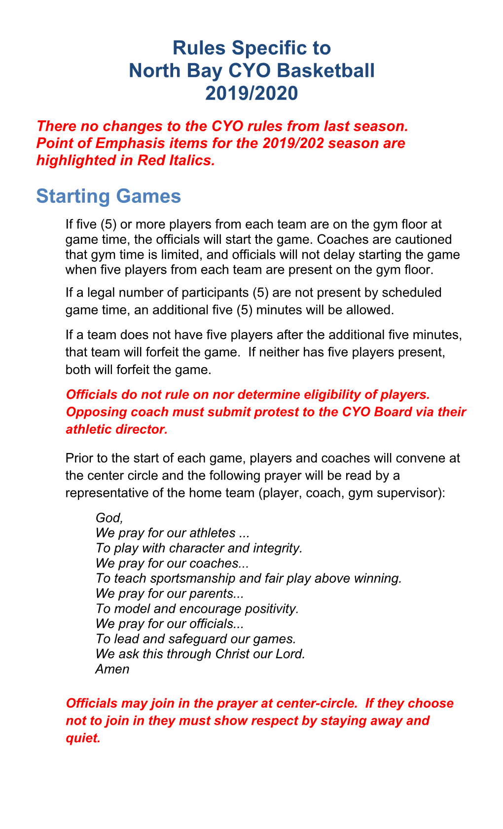 Rules Specific to North Bay CYO Basketball 2019/2020 Starting Games