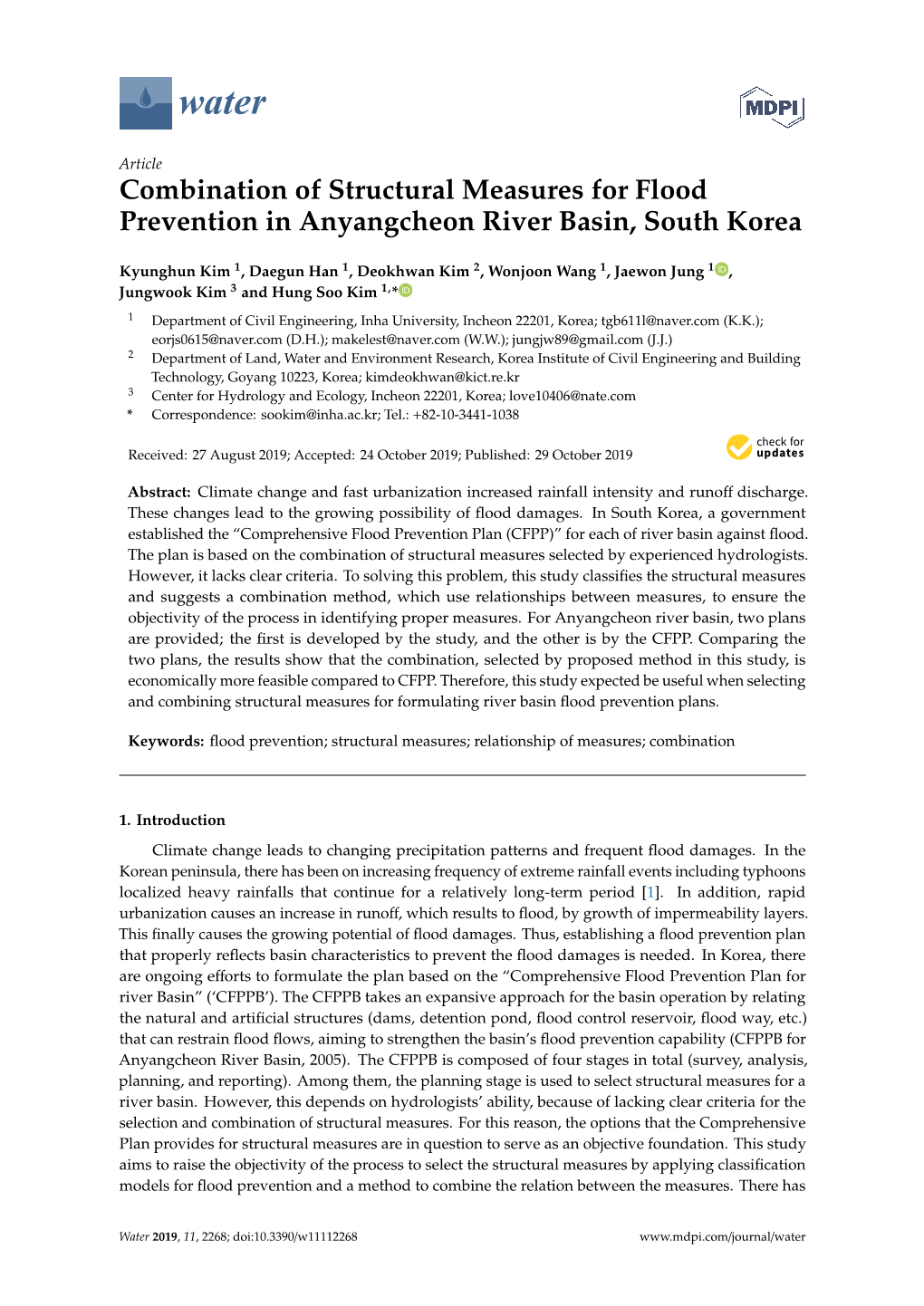 Combination of Structural Measures for Flood Prevention in Anyangcheon River Basin, South Korea