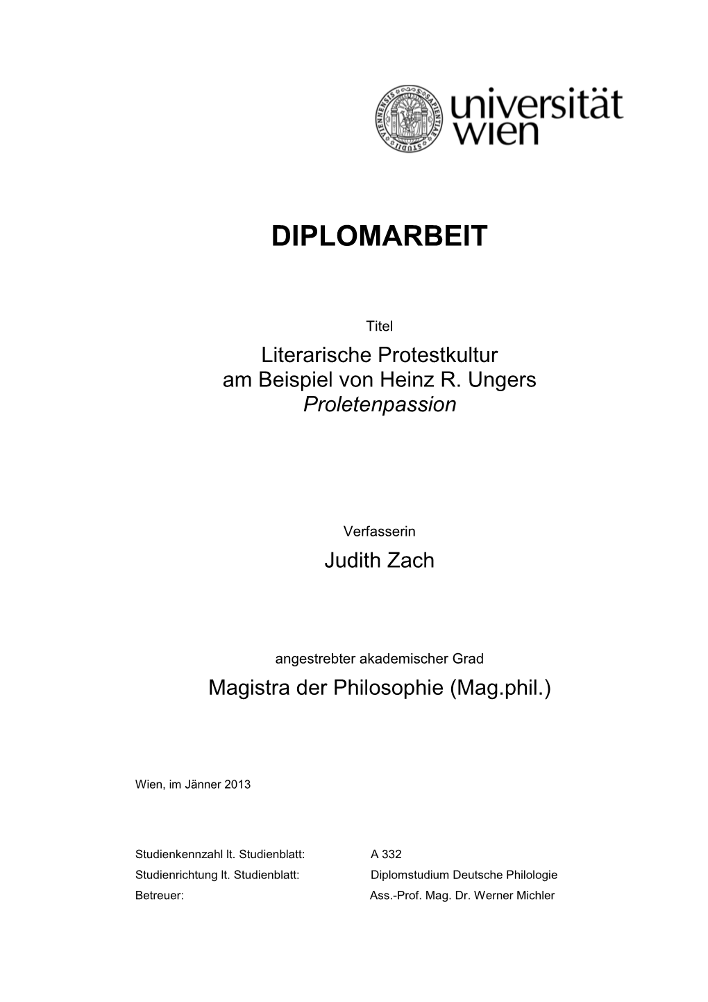 Literarische Protestkultur Am Beispiel Von Heinz R. Ungers Proletenpassion