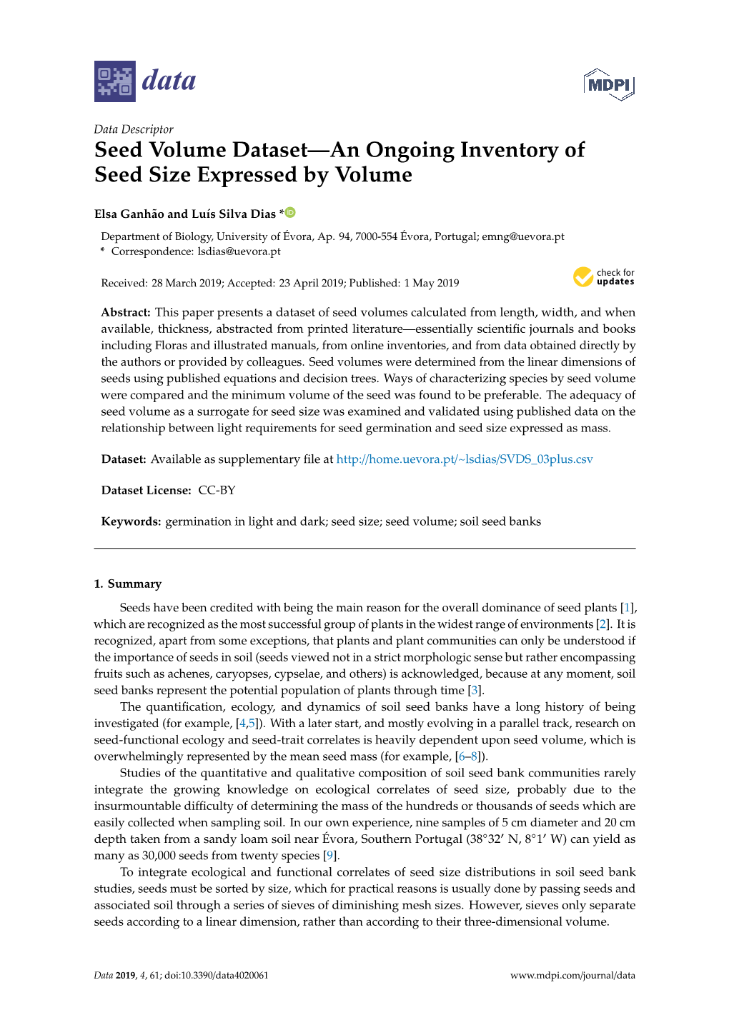 Seed Volume Dataset—An Ongoing Inventory of Seed Size Expressed by Volume