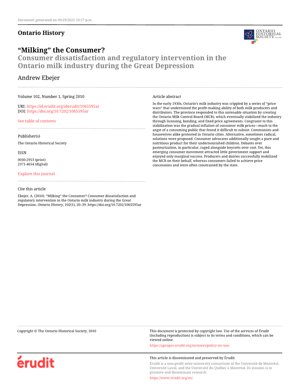 Consumer Dissatisfaction and Regulatory Intervention in the Ontario Milk Industry During the Great Depression Andrew Ebejer