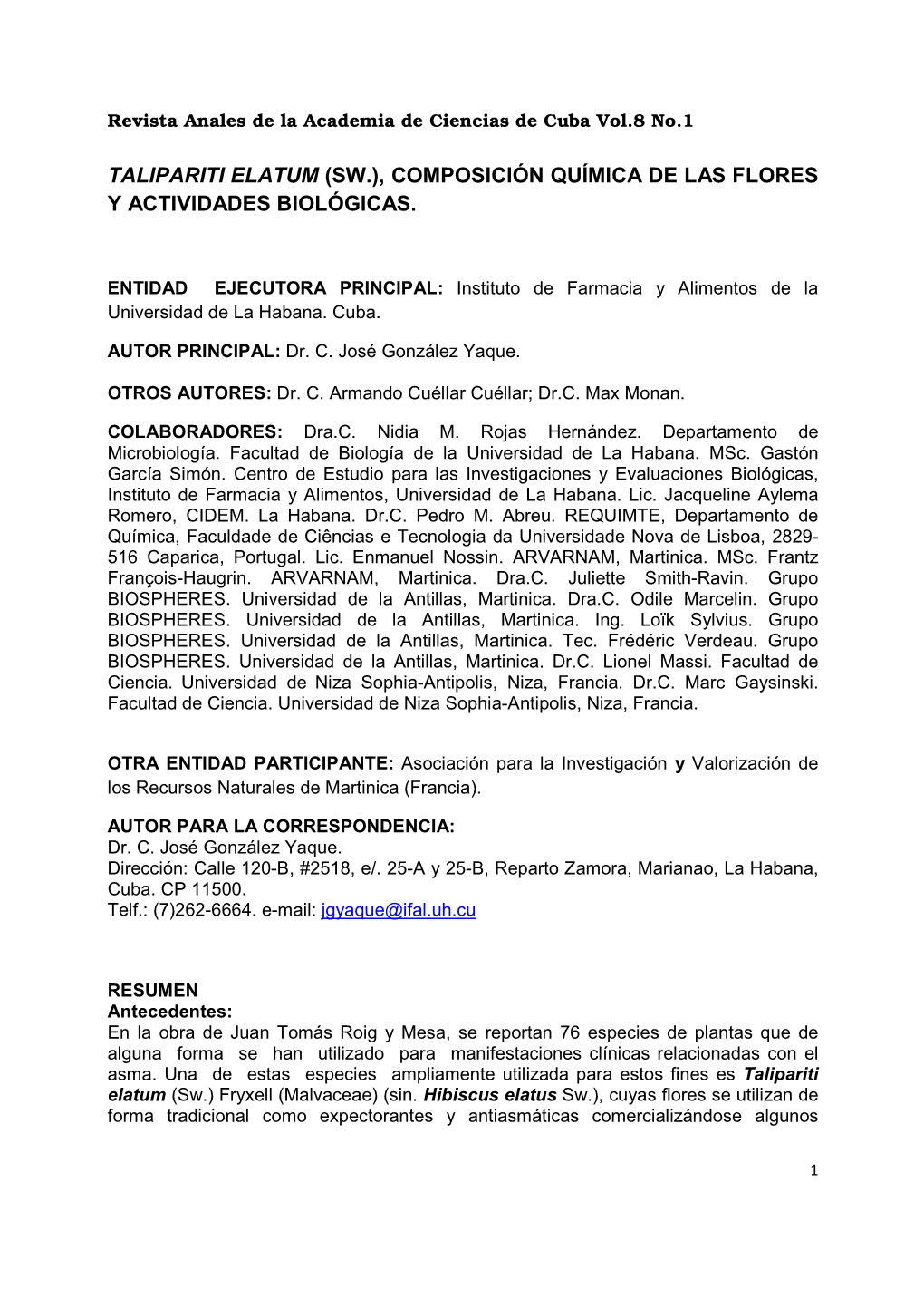 Talipariti Elatum (Sw.), Composición Química De Las Flores Y Actividades Biológicas