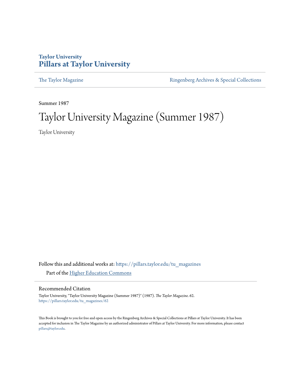 Taylor University Magazine (Summer 1987) Taylor University
