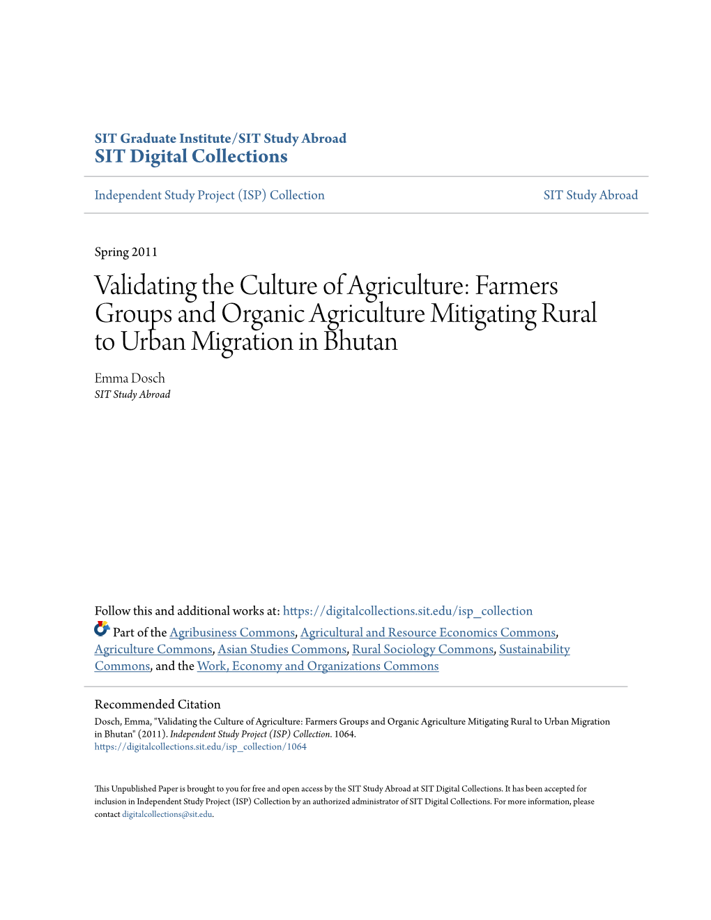 Farmers Groups and Organic Agriculture Mitigating Rural to Urban Migration in Bhutan Emma Dosch SIT Study Abroad