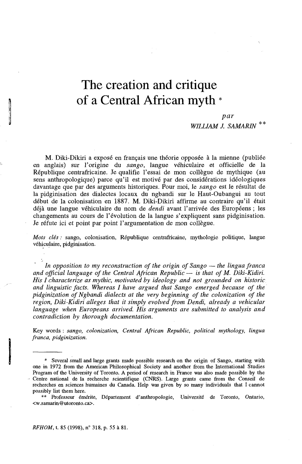The Creation and Critique of a Central African Myth * Par WILLIAM J