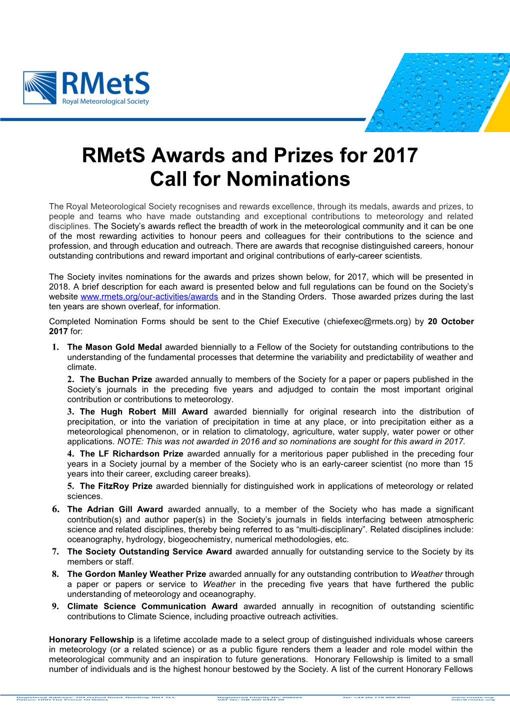 The Royal Meteorological Society Recognises and Rewards Excellence, Through Its Medals