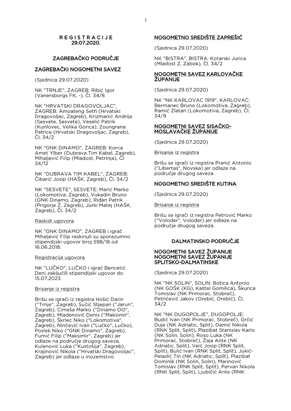 (Sjednica 29.07.2020) NK "GNK DINAMO", ZAGREB: Korca Amet Ylber (Dubrava Tim Kabel, Zagreb), Brisanje Iz Registra Mihaljević Filip (Mladost, Petrinja), Čl