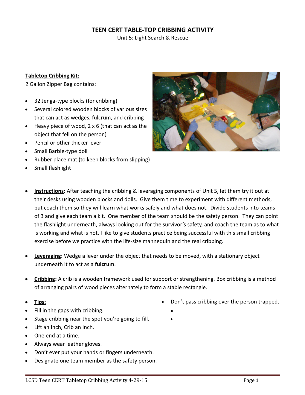 Teen CERT Table-Top Cribbing Activity