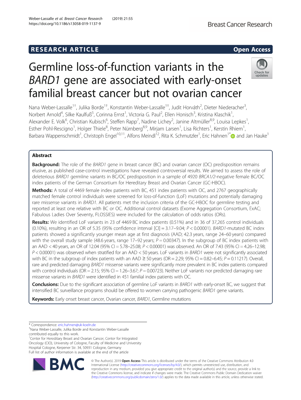 Germline Loss-Of-Function Variants in the BARD1 Gene Are Associated