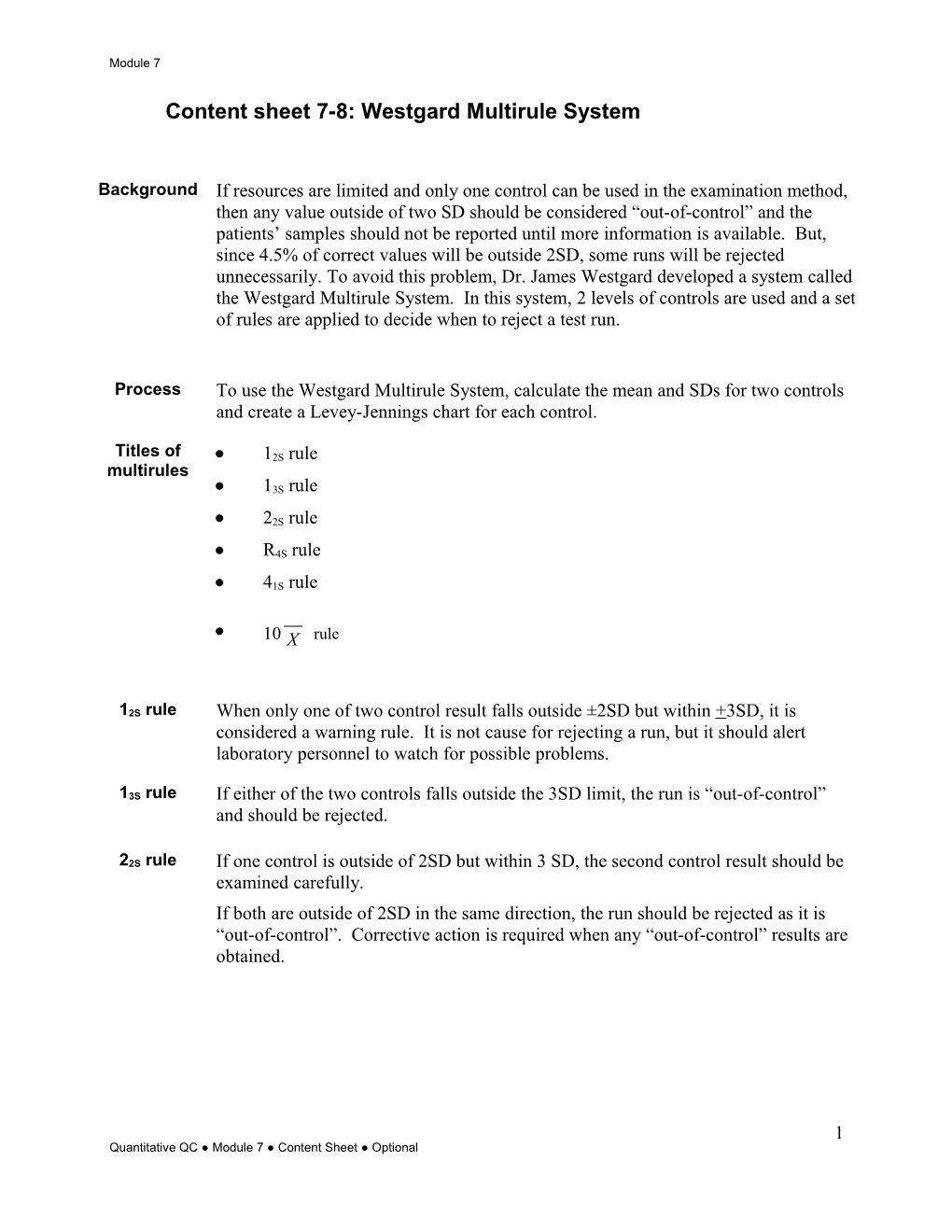 Content Sheet 7-8: Westgard Multirule System