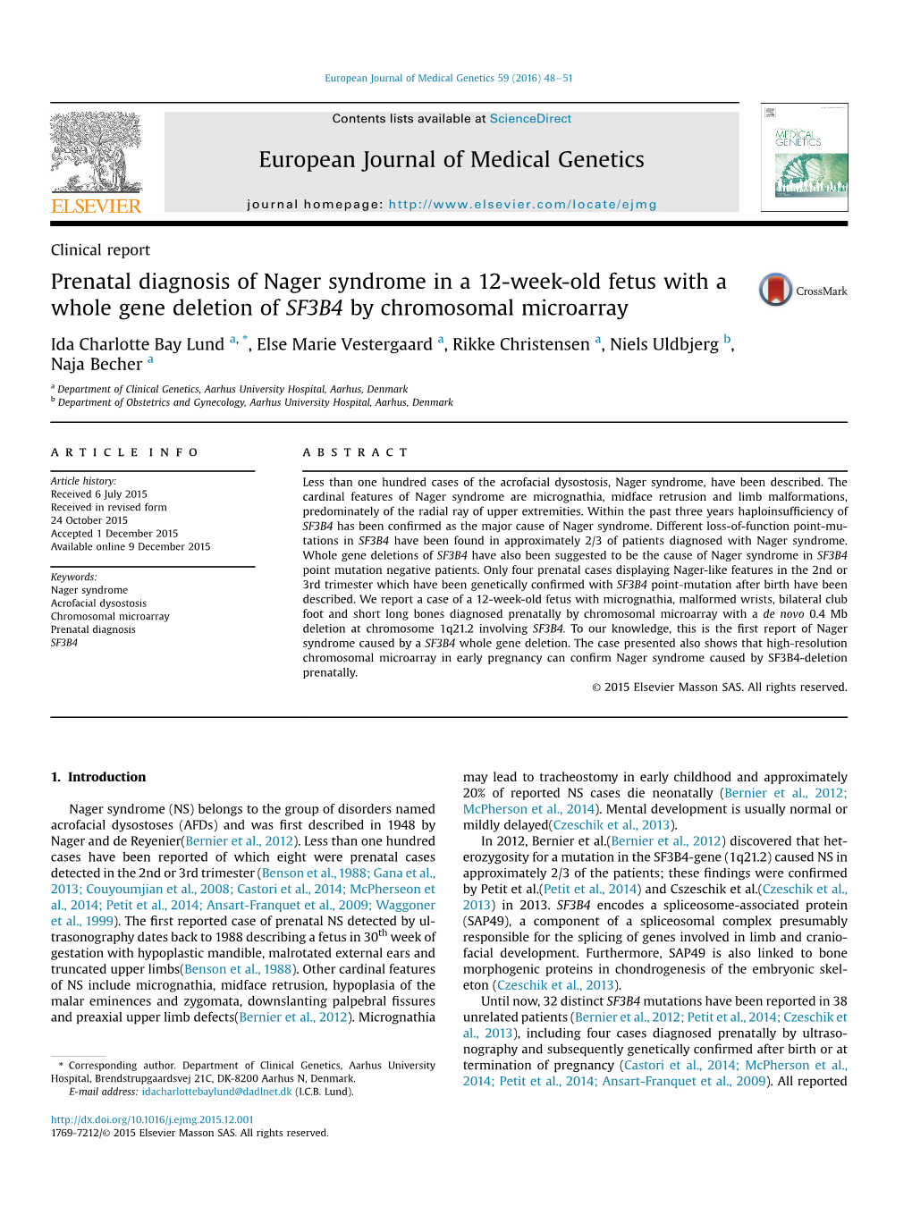 Prenatal Diagnosis of Nager Syndrome in a 12-Week-Old Fetus with a Whole Gene Deletion of SF3B4 by Chromosomal Microarray