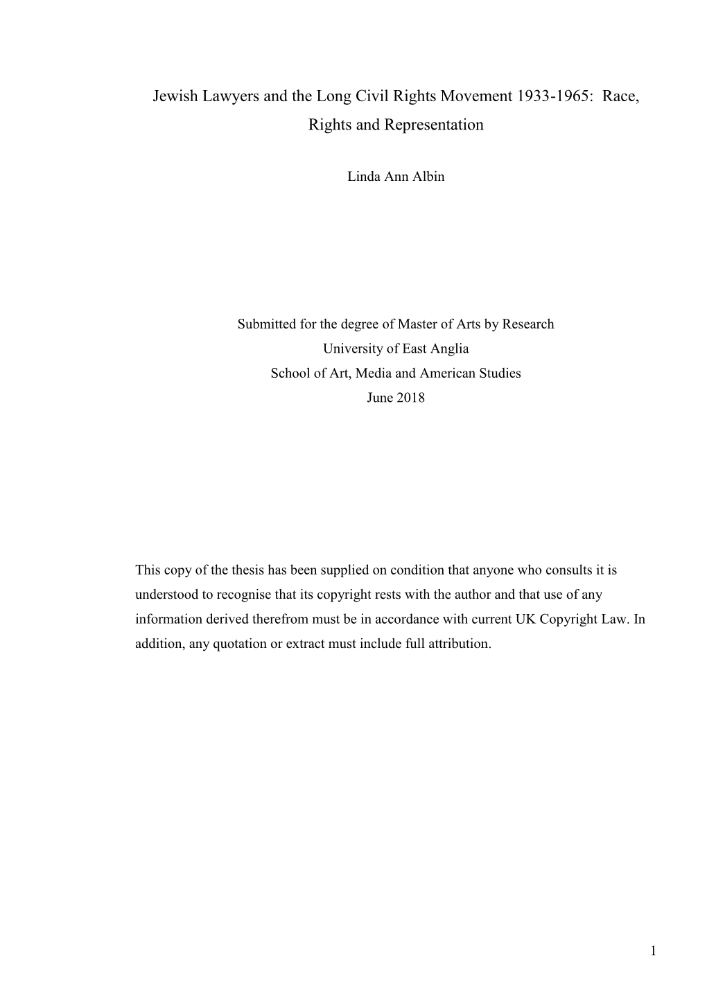 Jewish Lawyers and the Long Civil Rights Movement 1933-1965: Race, Rights and Representation