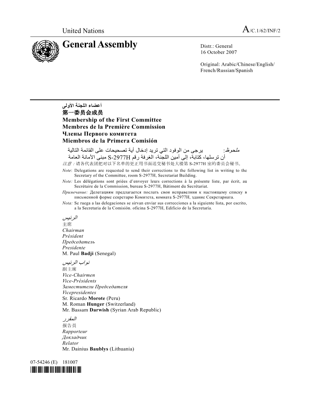 General Assembly Distr.: General 16 October 2007