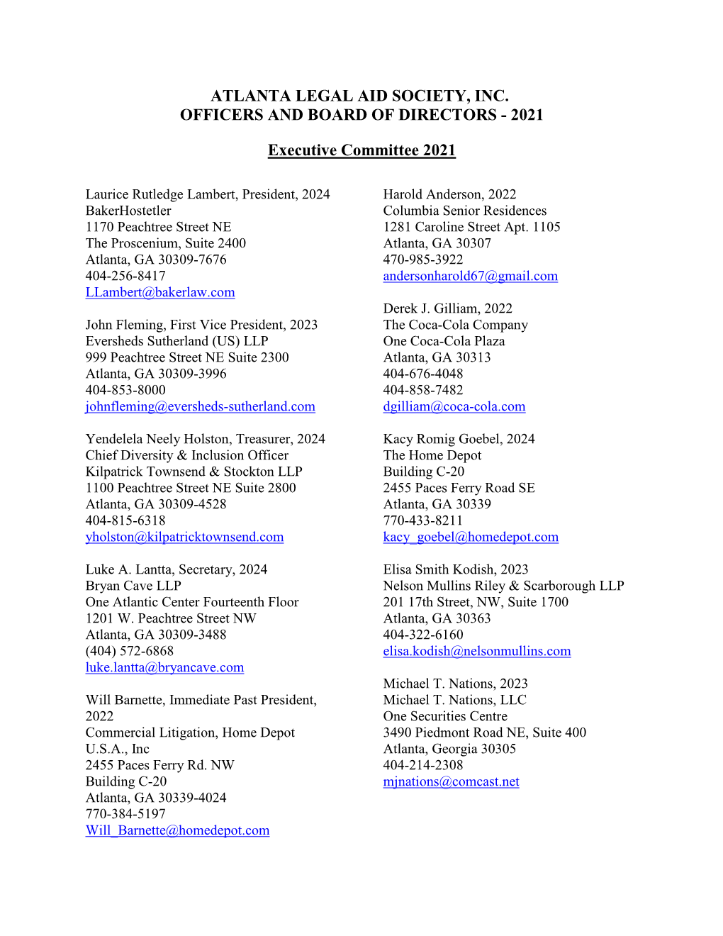 Atlanta Legal Aid Society, Inc. Officers and Board of Directors - 2021