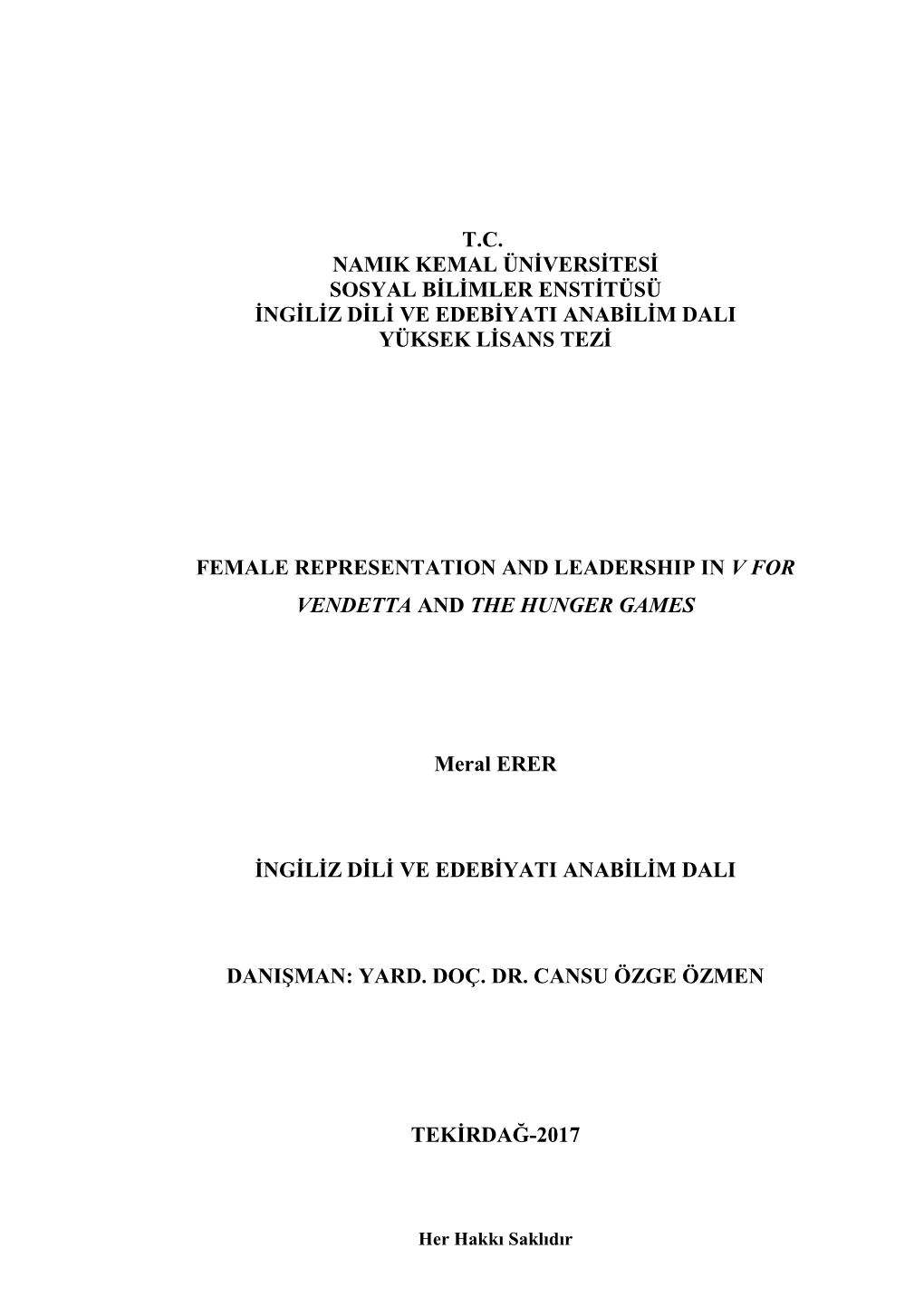 T.C. Namik Kemal Üniversitesi Sosyal Bilimler Enstitüsü Ingiliz Dili Ve Edebiyati Anabilim Dali Yüksek Lisans Tezi