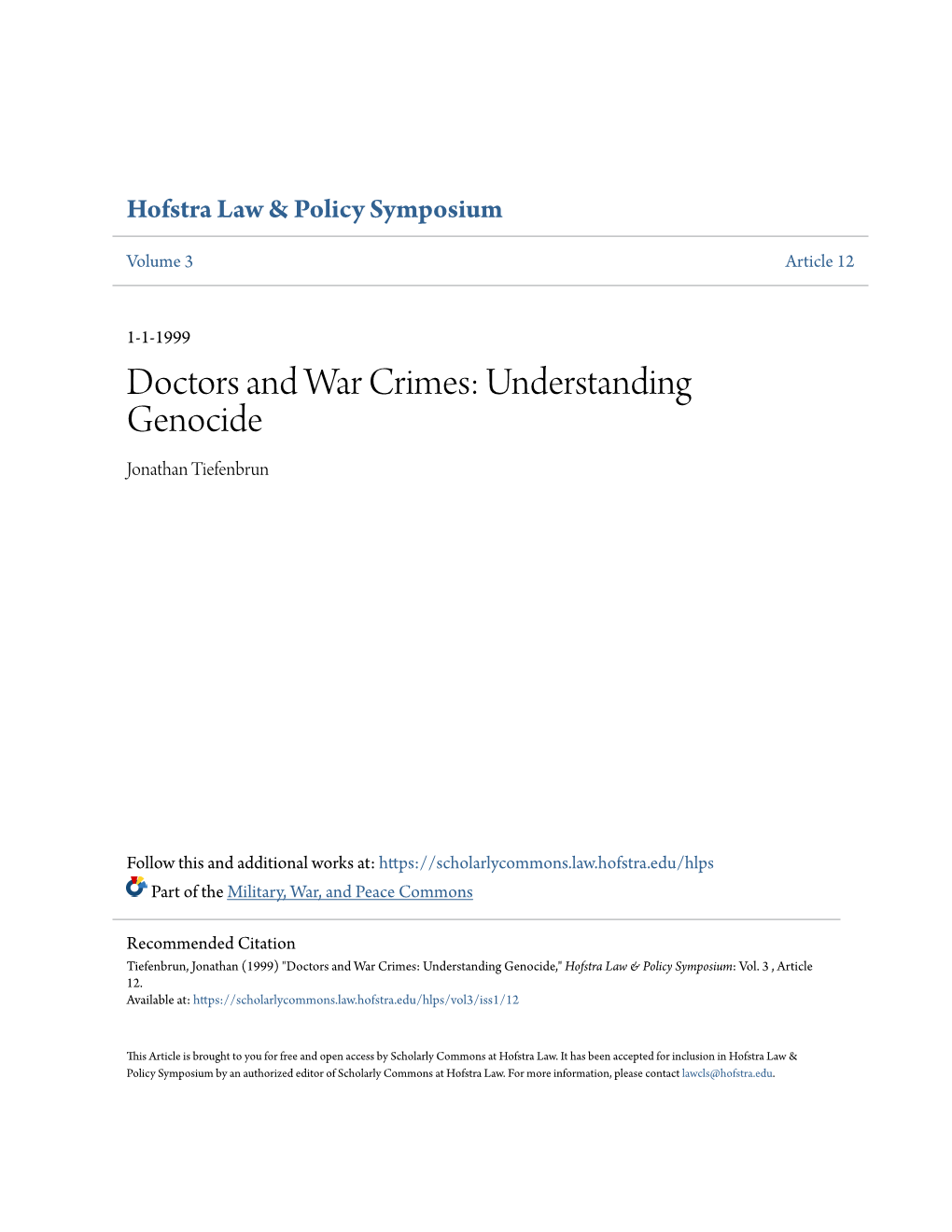 Doctors and War Crimes: Understanding Genocide Jonathan Tiefenbrun